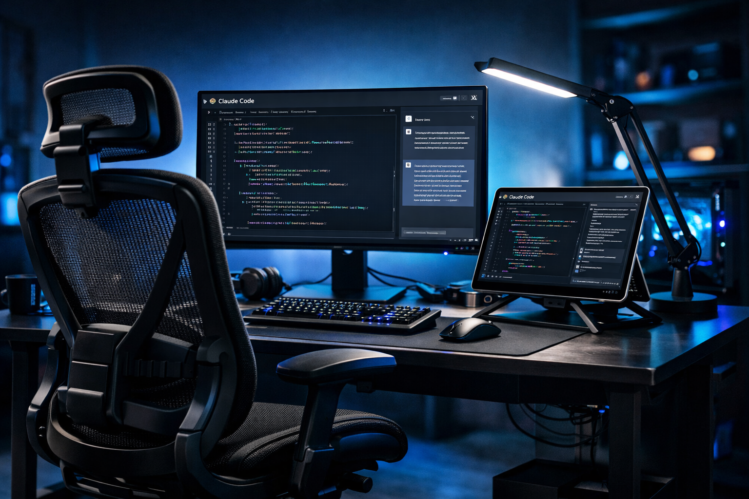 Setup de desarrollador con silla ergonomica y monitor portatil ejecutando Claude Code