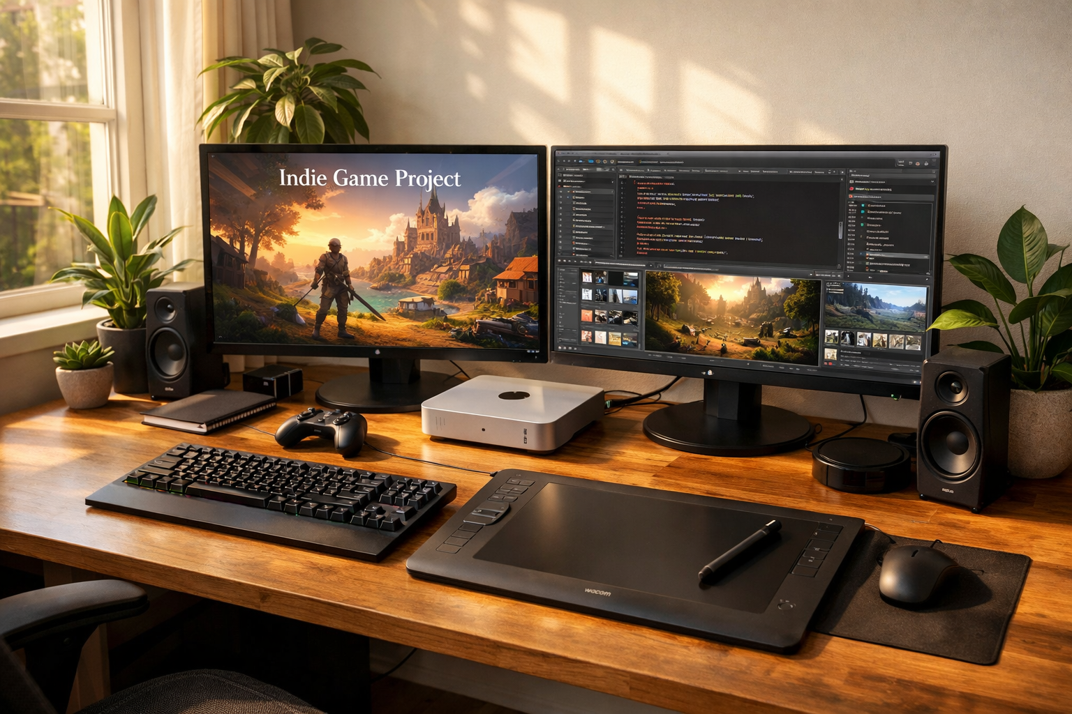 Setup de desarrollador indie con tableta gráfica Wacom y Unity Muse abierto
