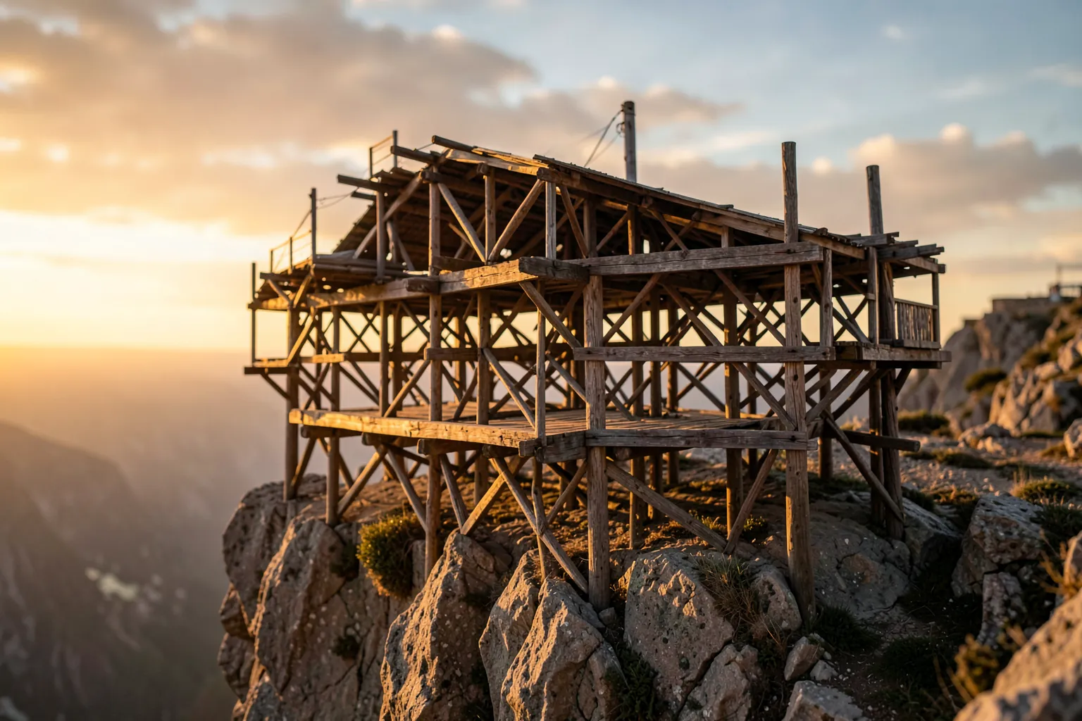 Estructura de madera compleja construida sobre un acantilado al atardecer