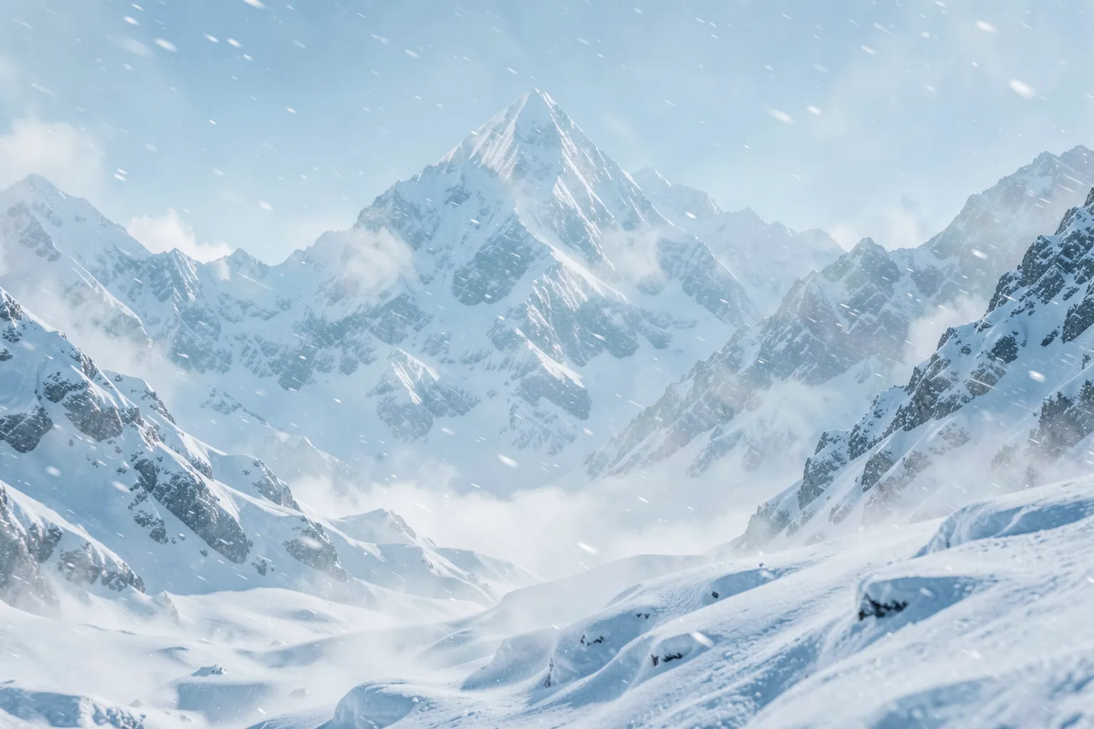 Paisaje de montanas heladas con vientos de nieve y luz azulada