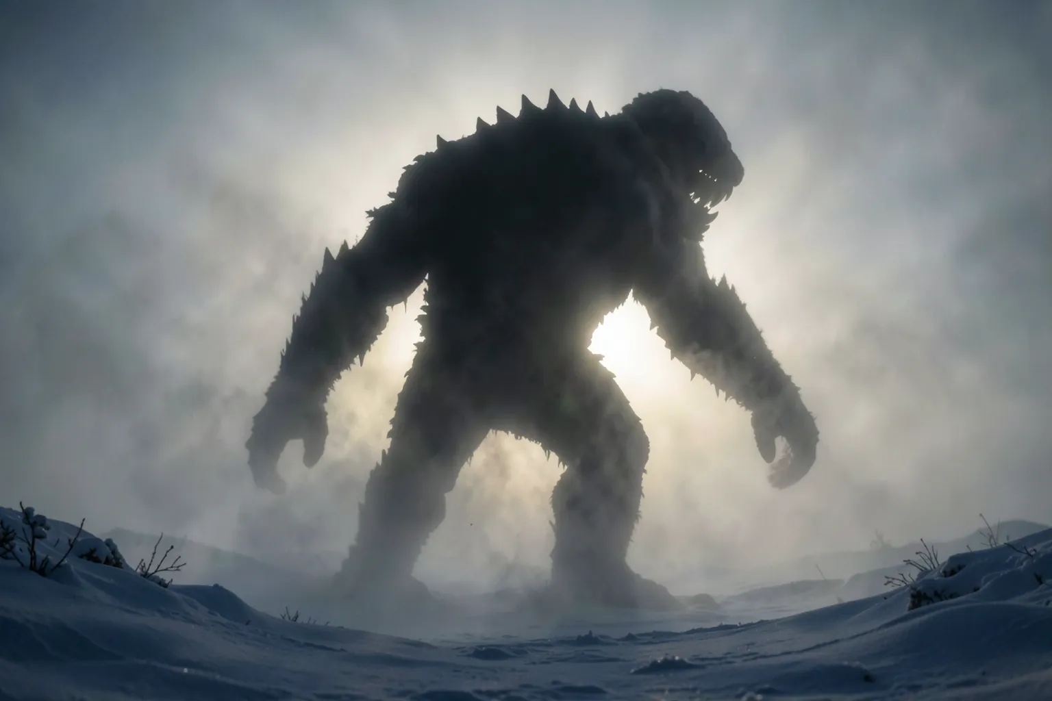 Silueta imponente de una criatura enorme entre la niebla en un paisaje nevado