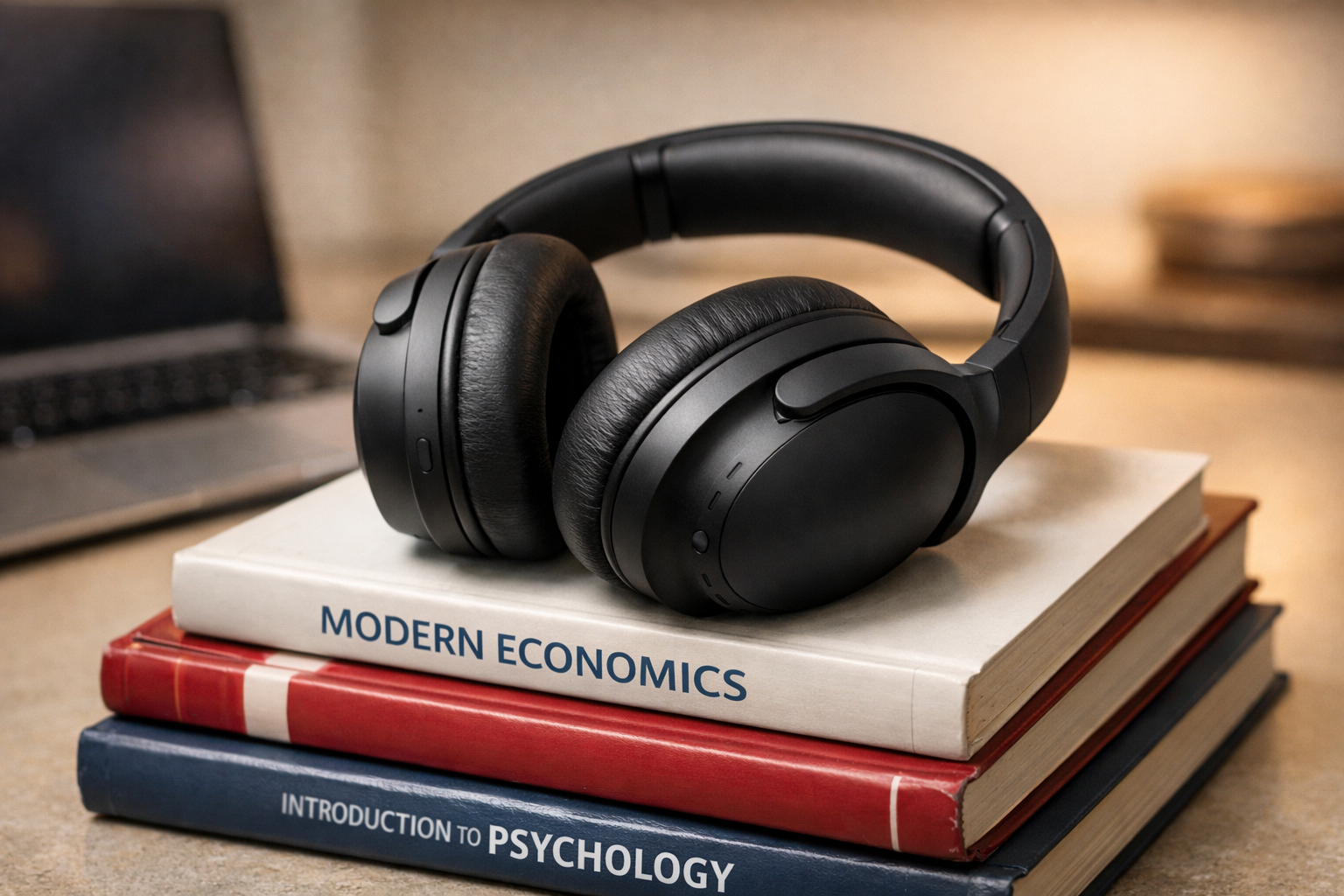 Estudiante concentrado con auriculares de cancelación de ruido en biblioteca universitaria