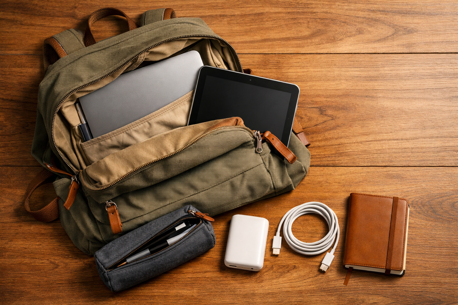 Mochila abierta con portátil, funda protectora, cargador USB-C y accesorios de estudiante