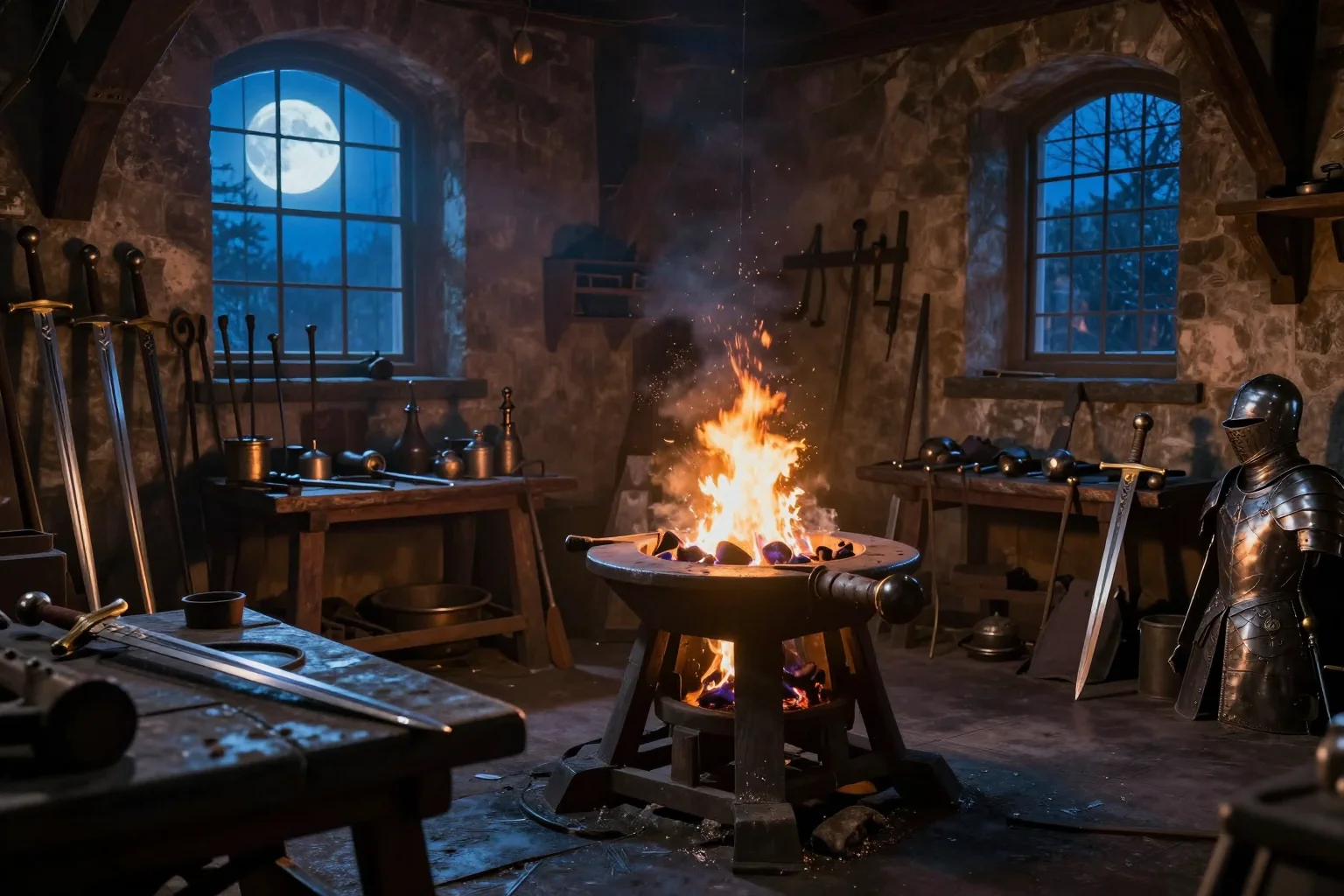 Herrería en un mundo de fantasía medieval que evoca el ecosistema de mods de Witcher 3