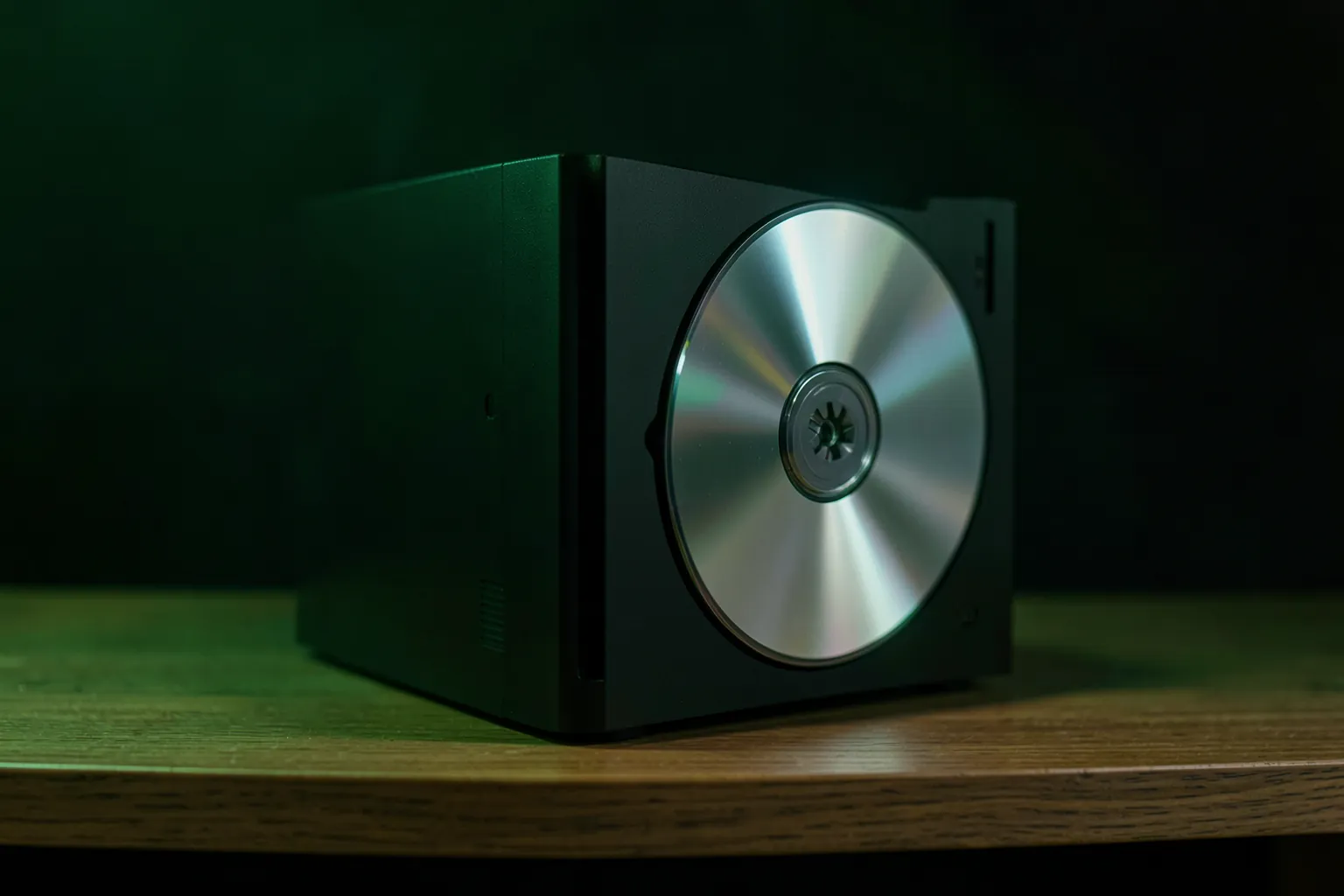 Consola negra sobre un mueble con un disco plateado a punto de entrar en la ranura bajo una luz verde