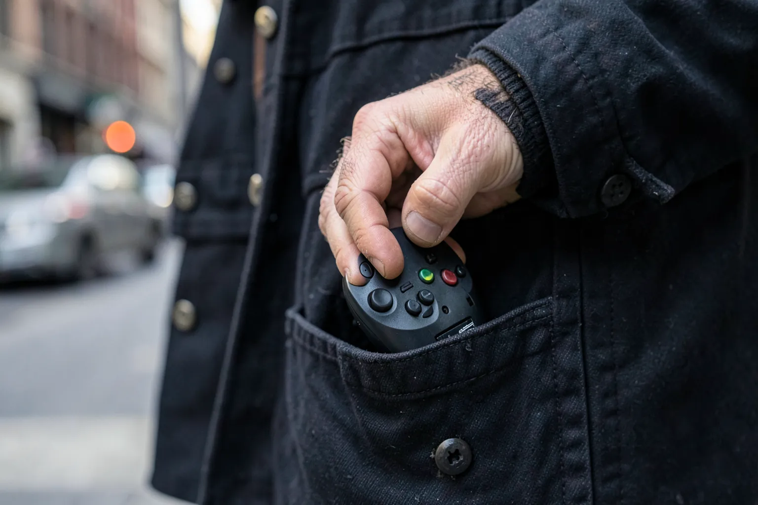 Mano sacando un mando de juego inalámbrico muy pequeño del bolsillo de una chaqueta, con una calle desenfocada al fondo