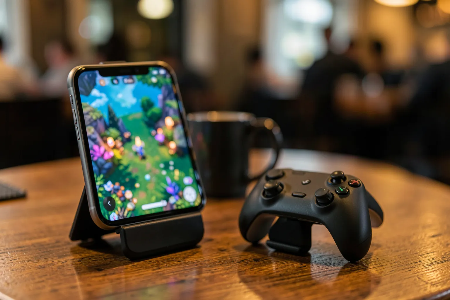 Mando de juego inalámbrico pequeño junto a un móvil en un soporte que muestra una escena de juego colorida desenfocada, sobre la mesa de una cafetería