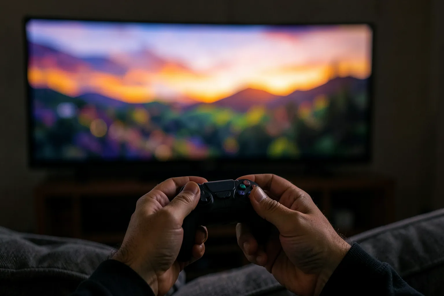 Manos sujetando un mando de juego inalámbrico pequeño en un sofá frente a un televisor grande con un paisaje colorido desenfocado, por la tarde