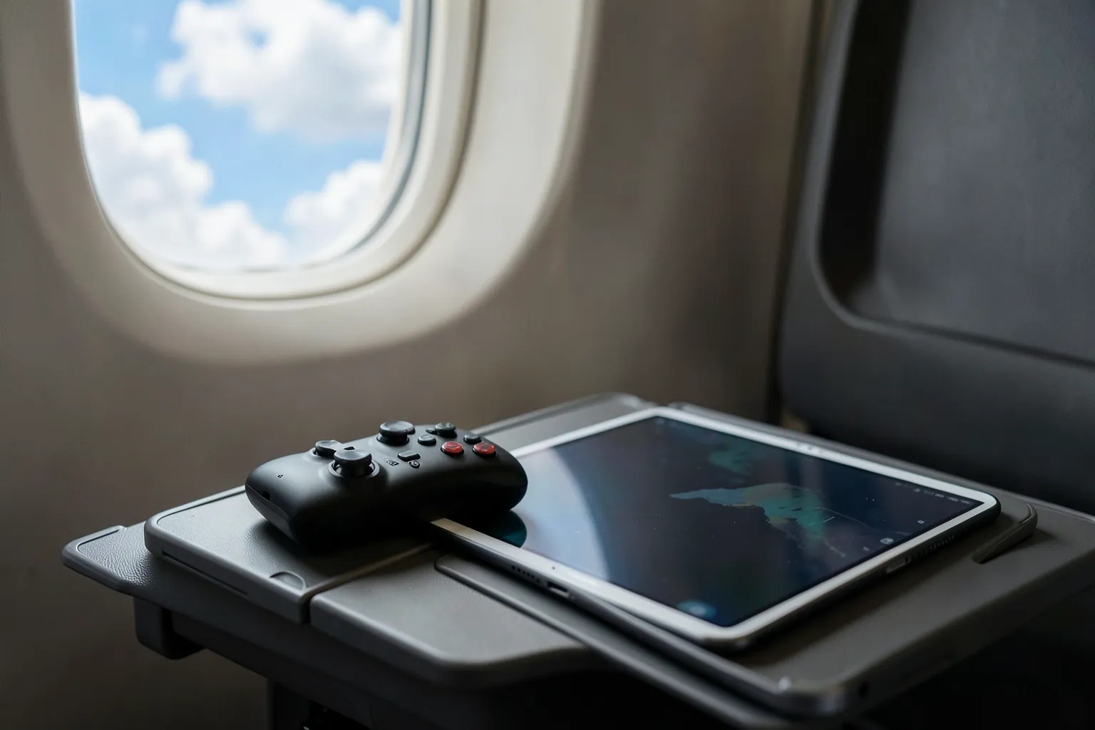 Mando de juego inalámbrico pequeño de color negro junto a una tablet sobre la bandeja plegable de un avión, con nubes por la ventanilla