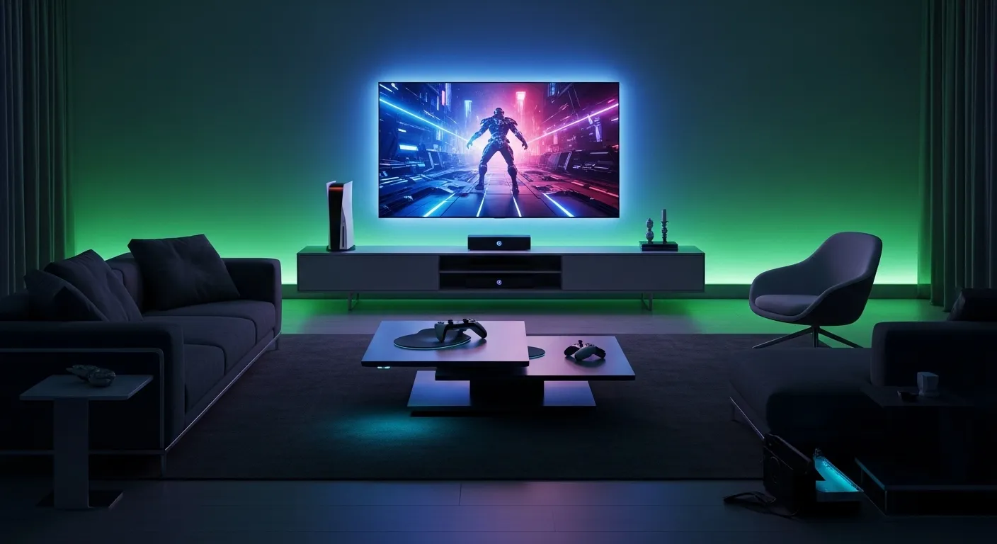 Setup gaming futurista con consola next-gen en un salón moderno con iluminación ambiental verde