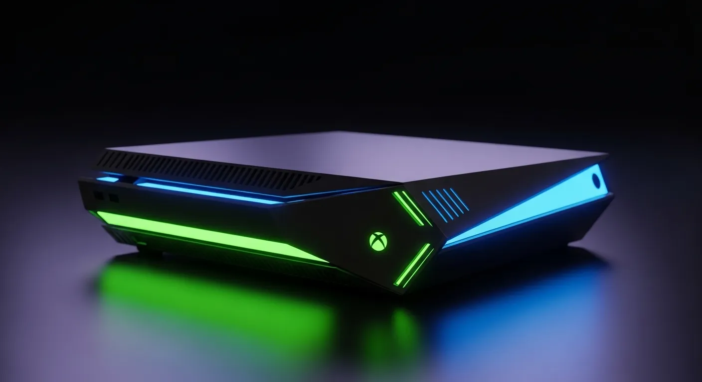 Concepto artístico de la consola Xbox Project Helix con iluminación neón verde y azul sobre fondo futurista oscuro