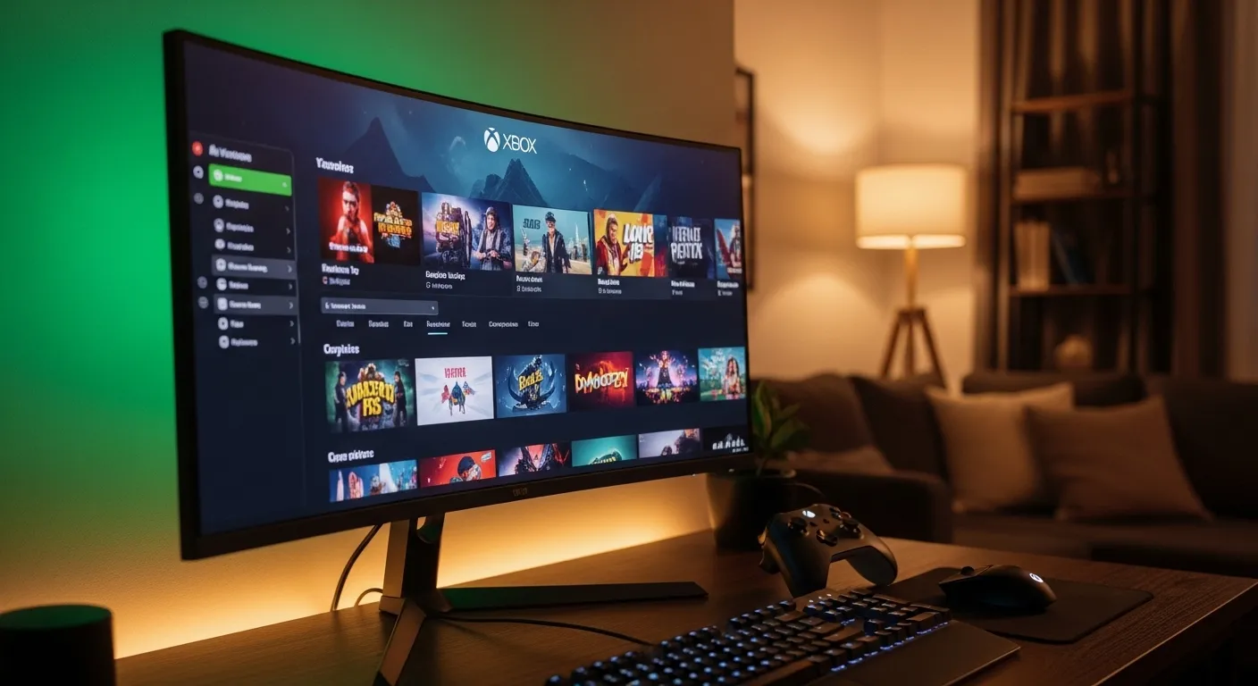 Interfaz de Xbox Mode en una pantalla de PC mostrando la experiencia de juego a pantalla completa