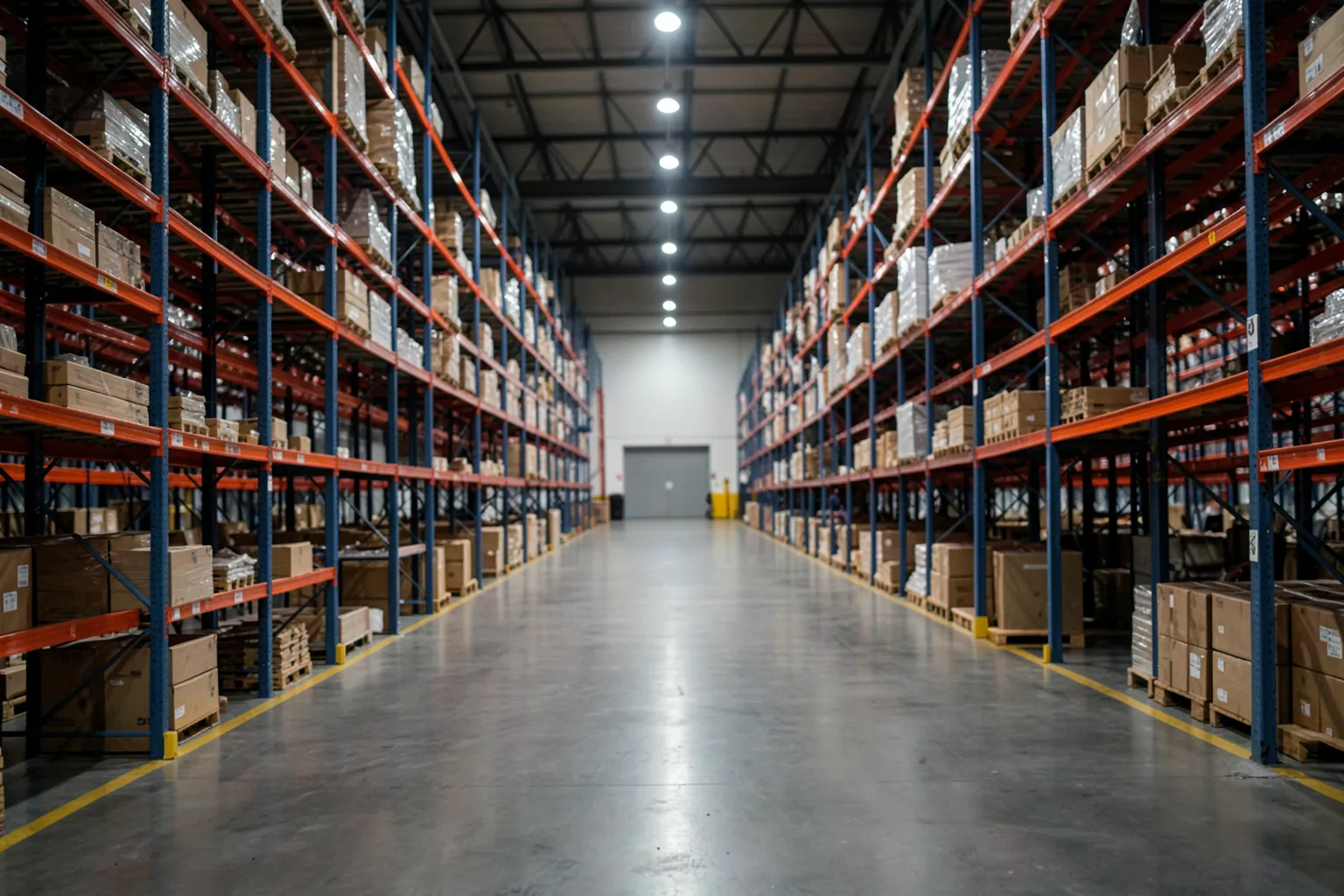 Nave logistica moderna con estanterias altas y luz industrial