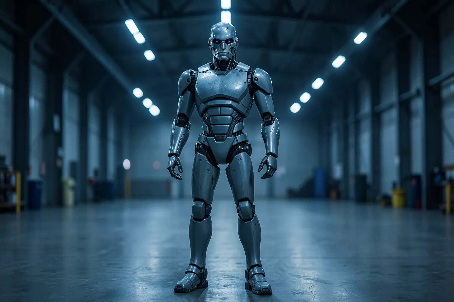 Robot humanoide de pie en una nave industrial iluminada con luces frías