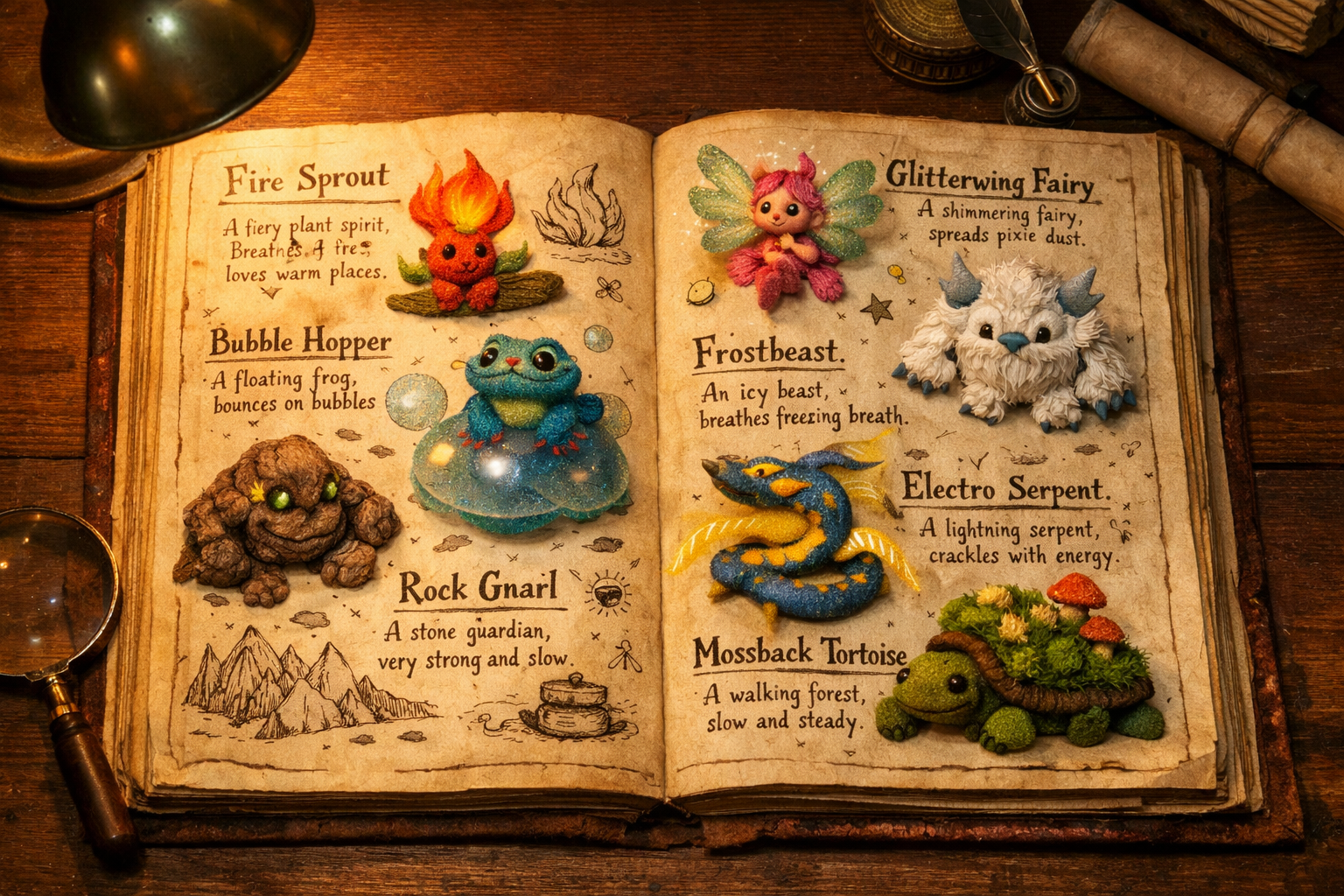 Bestiario del Profesor Leo con criaturas catalogadas en Yoshi and the Mysterious Book