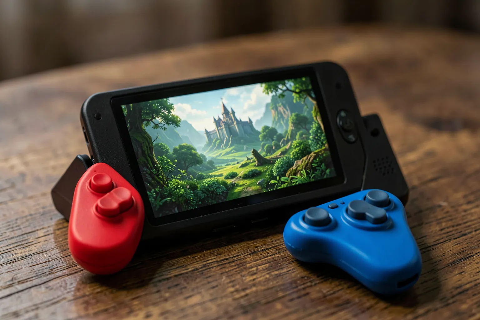 Consola portátil negra con un mando rojo y otro azul sobre una mesa de madera, con un paisaje de fantasía verde y un castillo en la pantalla
