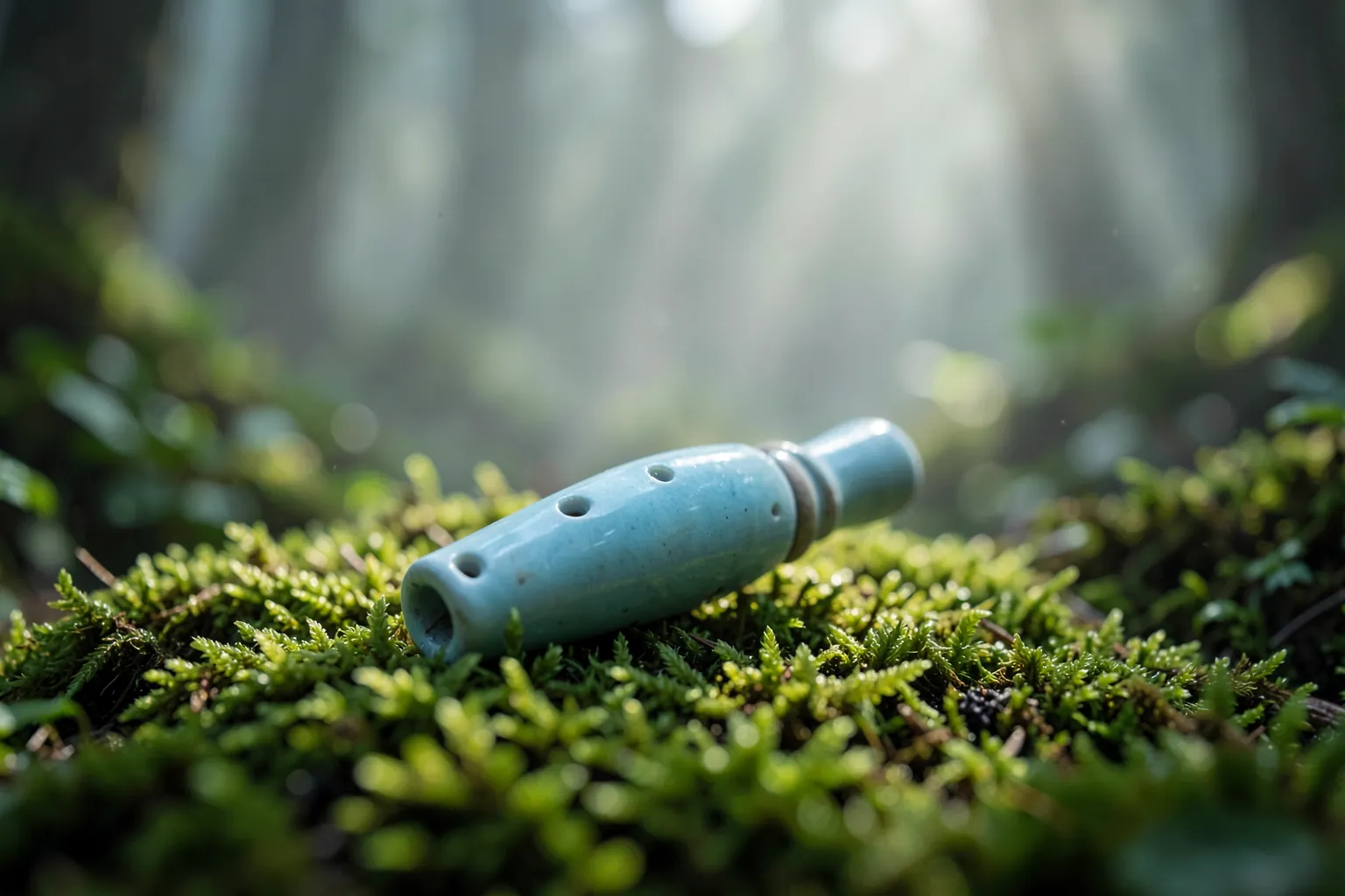 Ocarina de cerámica azul celeste sobre musgo en un bosque con niebla y rayos de luz