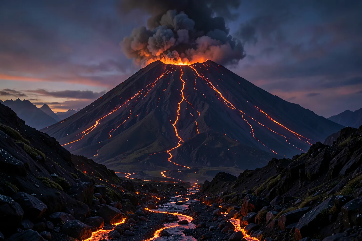 Volcán de fantasía con humo en la cima y ríos de lava que bajan entre las rocas al anochecer